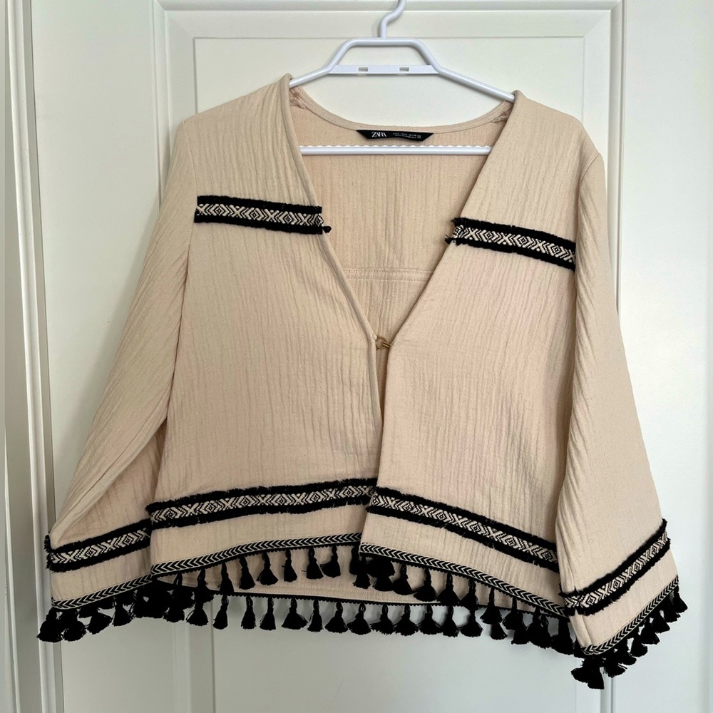 ZARA BOHO KIMONO OPEN FRONT BLAZER TASSELED S